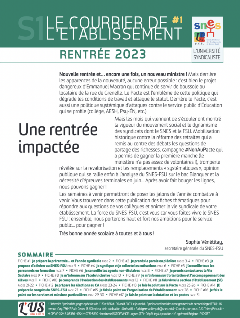 Le courrier de l'établissement rentrée 2023