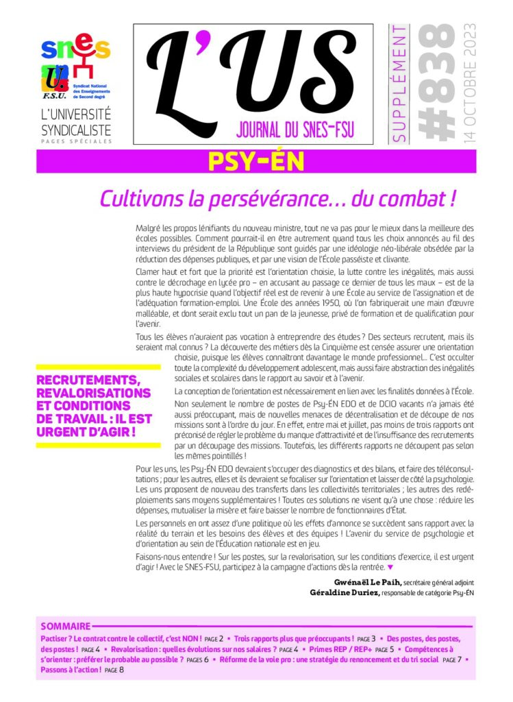 PSY-ÉN – Supplément de l’US n°838