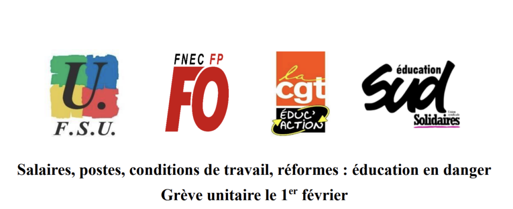 Salaires, postes, conditions de travail, réformes : éducation en danger. Grève unitaire le 1er février.