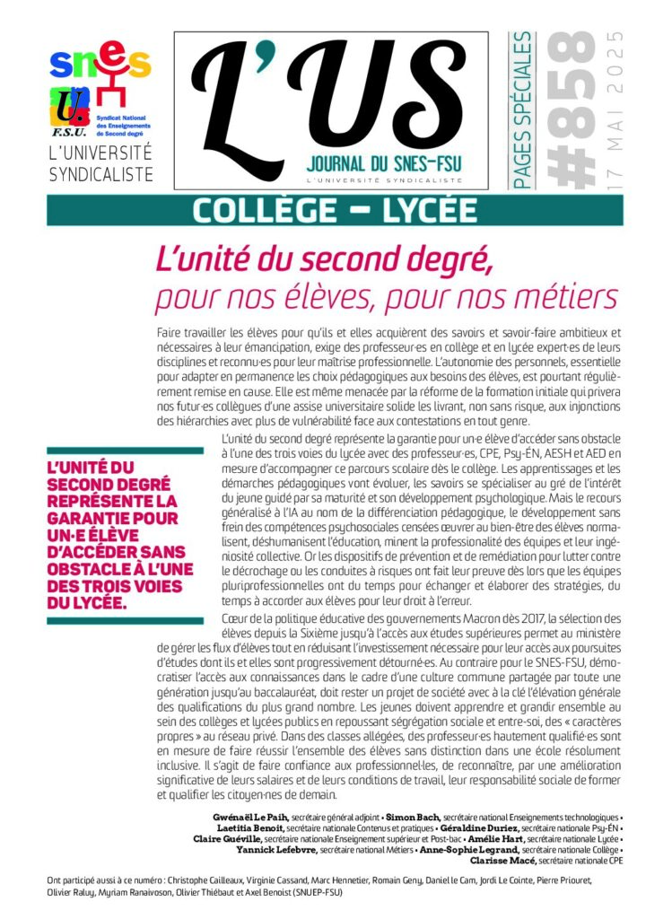 Collège et lycée – Supplément de l’US n°858