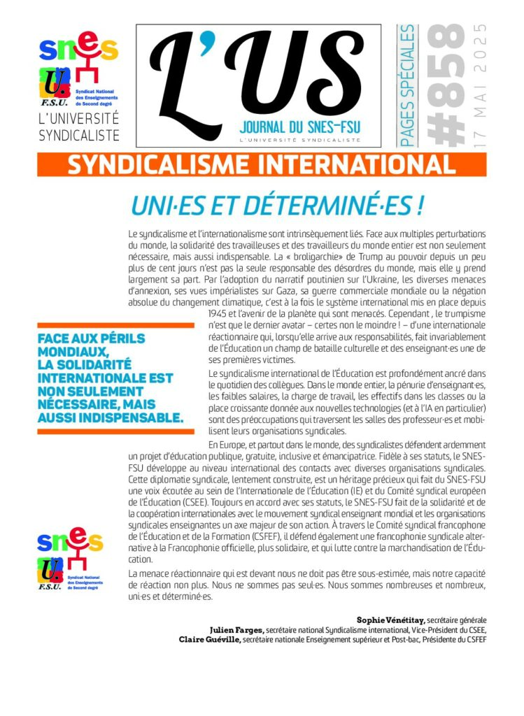 Syndicalisme international – Supplément de l’US n°858