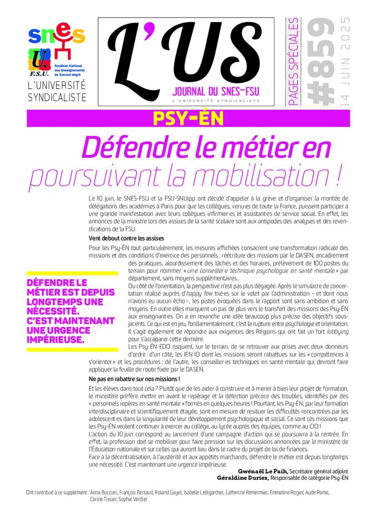 PSY-ÉN – Supplément de l’US n°859