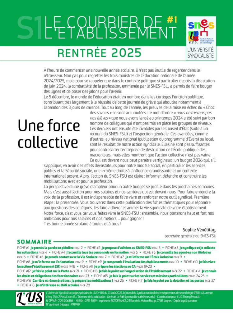 Le courrier de l’établissement rentrée 2025 – Supplément de l’US n°861