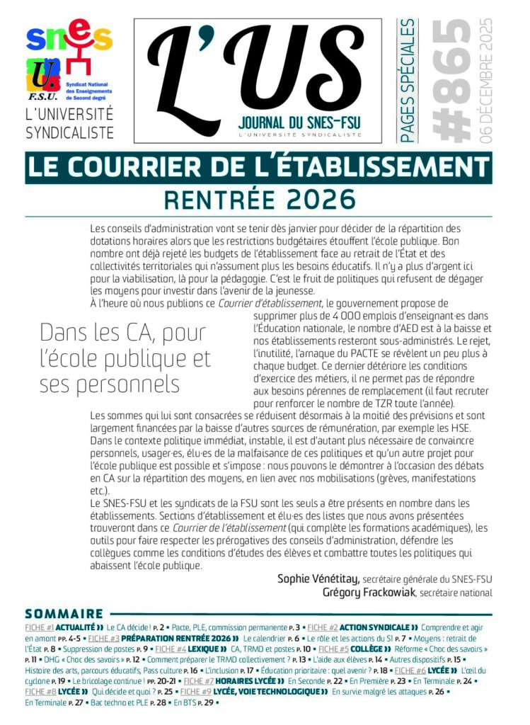 Le courrier de l’établissement : rentrée 2026