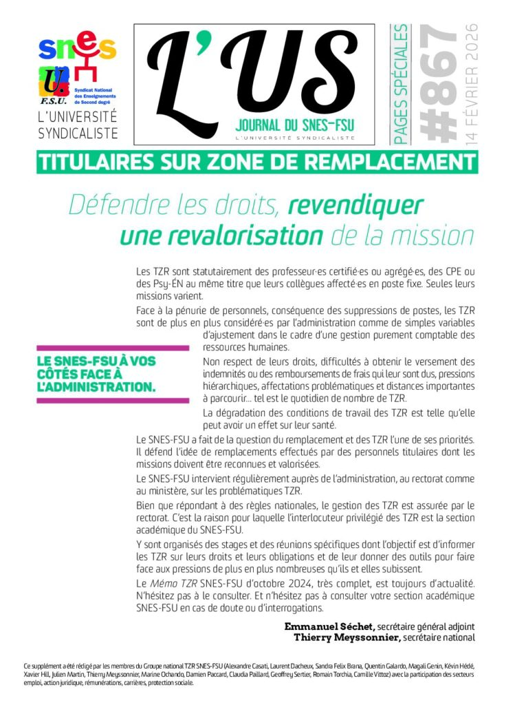 Titulaires sur zone de remplacement – Supplément de l’US n°867