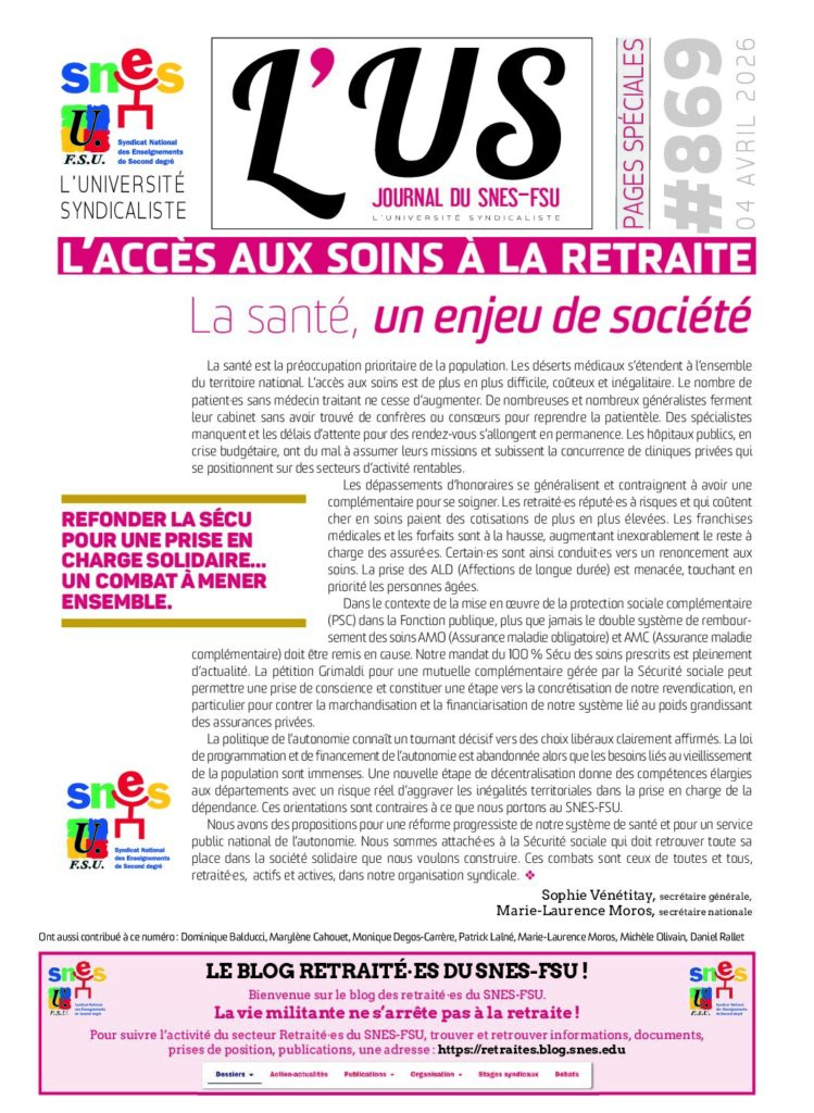 L’accès aux soins à la retraite – Supplément de l’US n°869