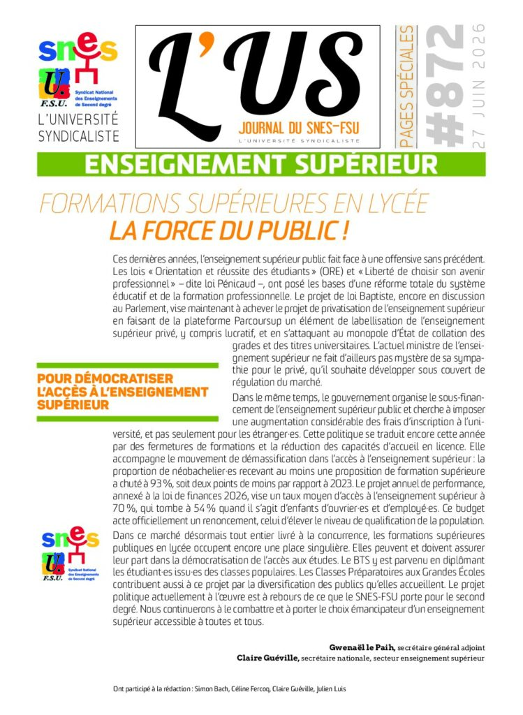 Enseignement supérieur – Supplément de l’US n°872