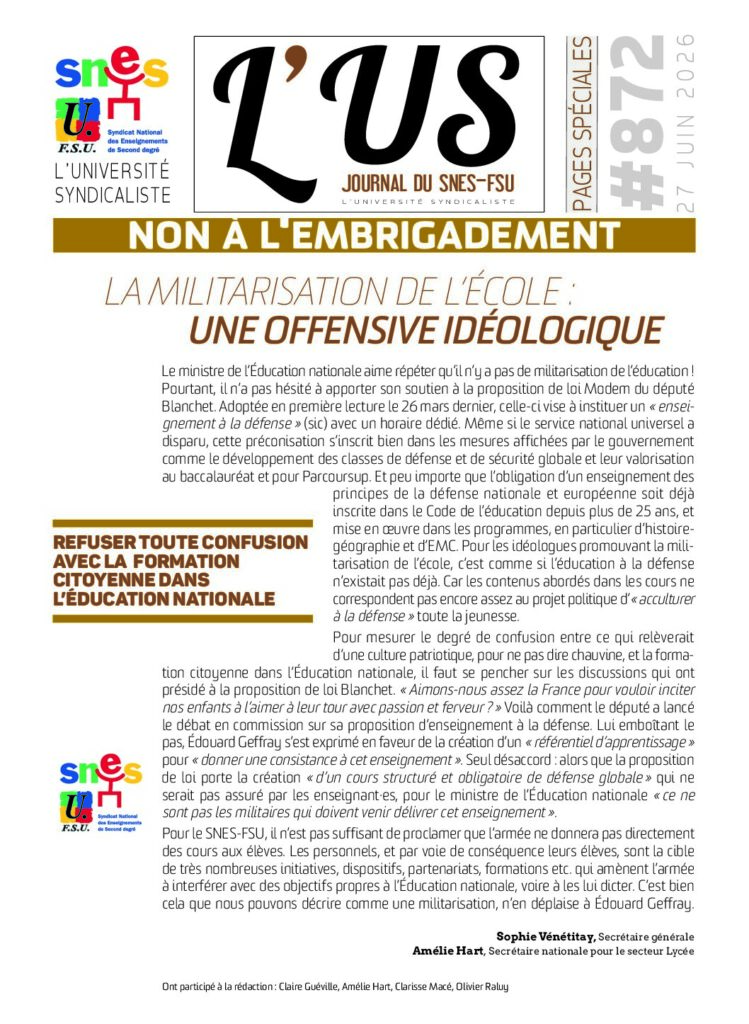 Non à l’embrigadement – Supplément de l’US n°872