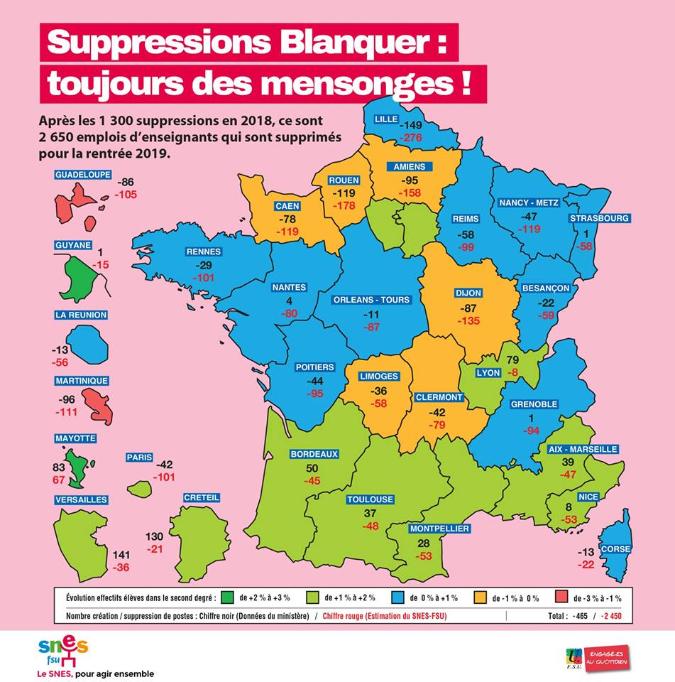 Carte suppressions d'emplois rentrée 2019