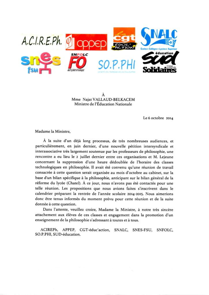 lettre intersyndicale et interassociative du 6/10/14